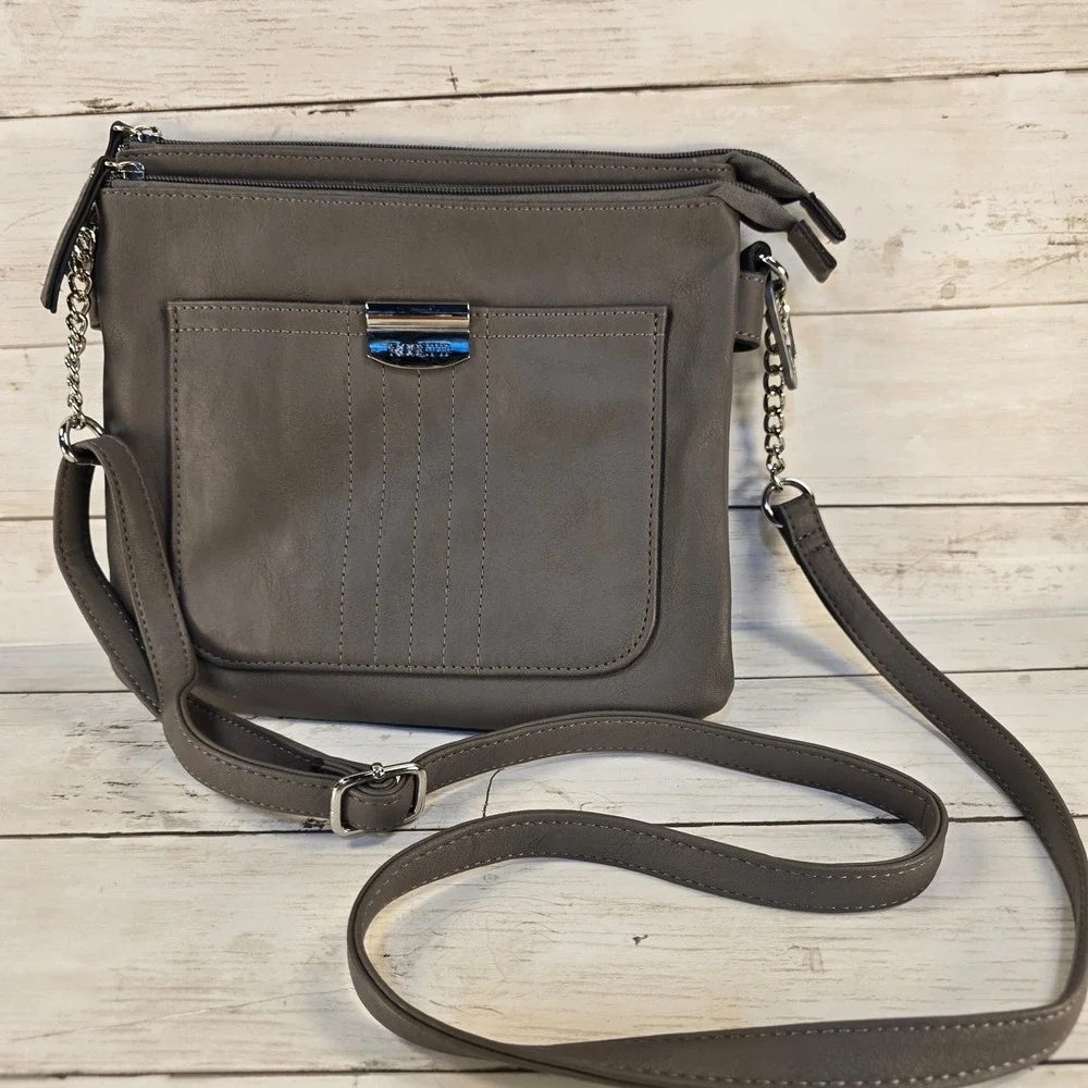 Rosetti Taupe Gray Faux Leather Triple Compartment Crossbody Bag Silver Hardware
